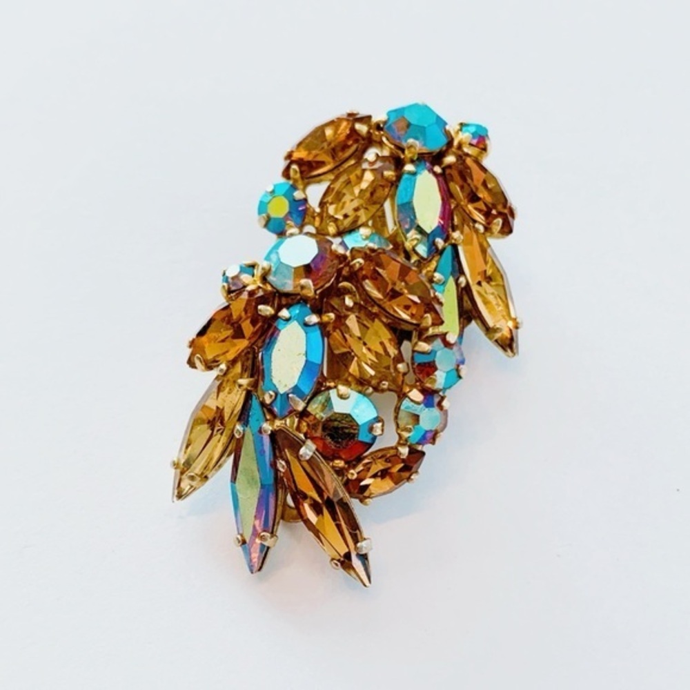 Beautiful  Mid Century Amber Unsigned Sherman AB  Rhinestone Earrings